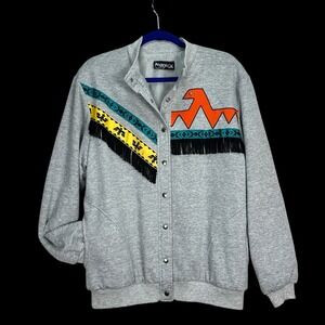 Vintage My Kinda Gal Phoenix AZ Thunderbird Fringe Bomber Jacket Gray Womens L